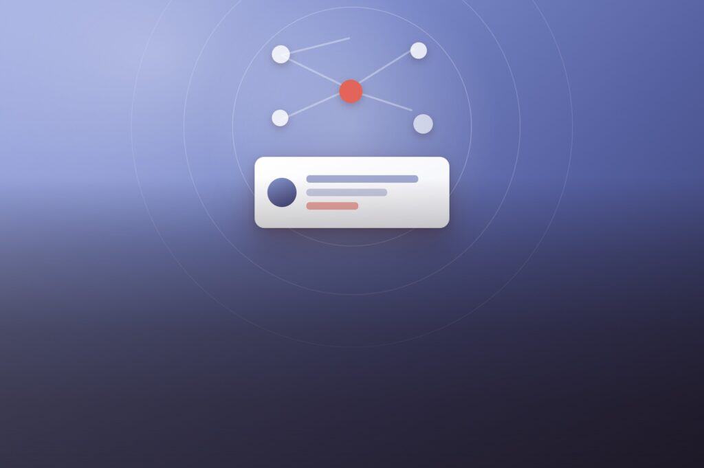 A network of connected nodes above a user interface card, illustrating how artificial intelligence enhances user journeys in UX design