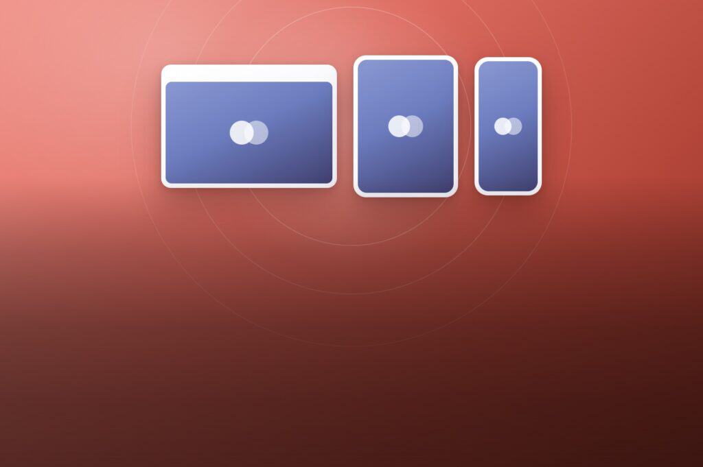 A desktop browser window, a tablet and a phone showing the same interface, illustrating cross-platform web, native and hybrid development