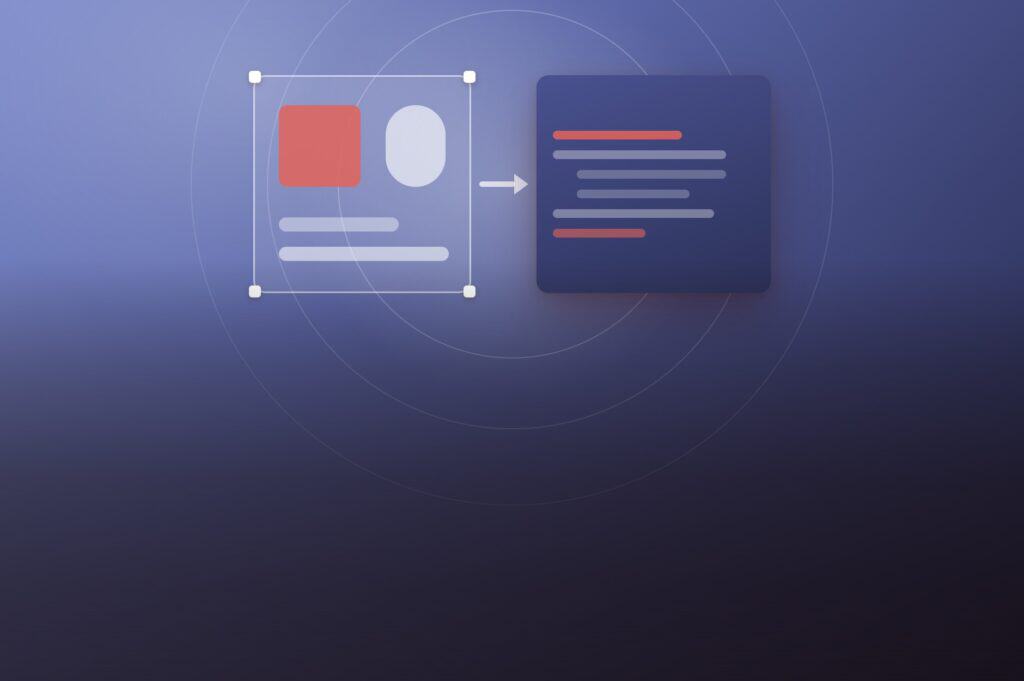 A selected design artboard with resize handles beside a block of code, illustrating the handoff from Figma design to front-end development
