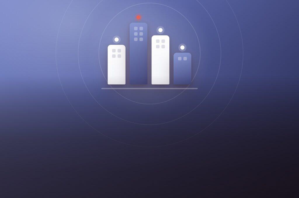 A cluster of connected buildings with signal indicators, illustrating user experience design for smart cities and connected urban services